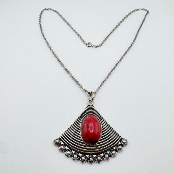 Vintage Tribal Triangle Pendant Necklace Pink Stone Boho Chic Versatile Fan - Picture 4 of 12